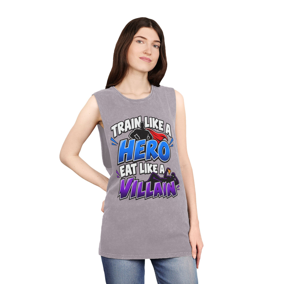 Train Like a Hero / Eat Like a Villain – Stonewash Tank
