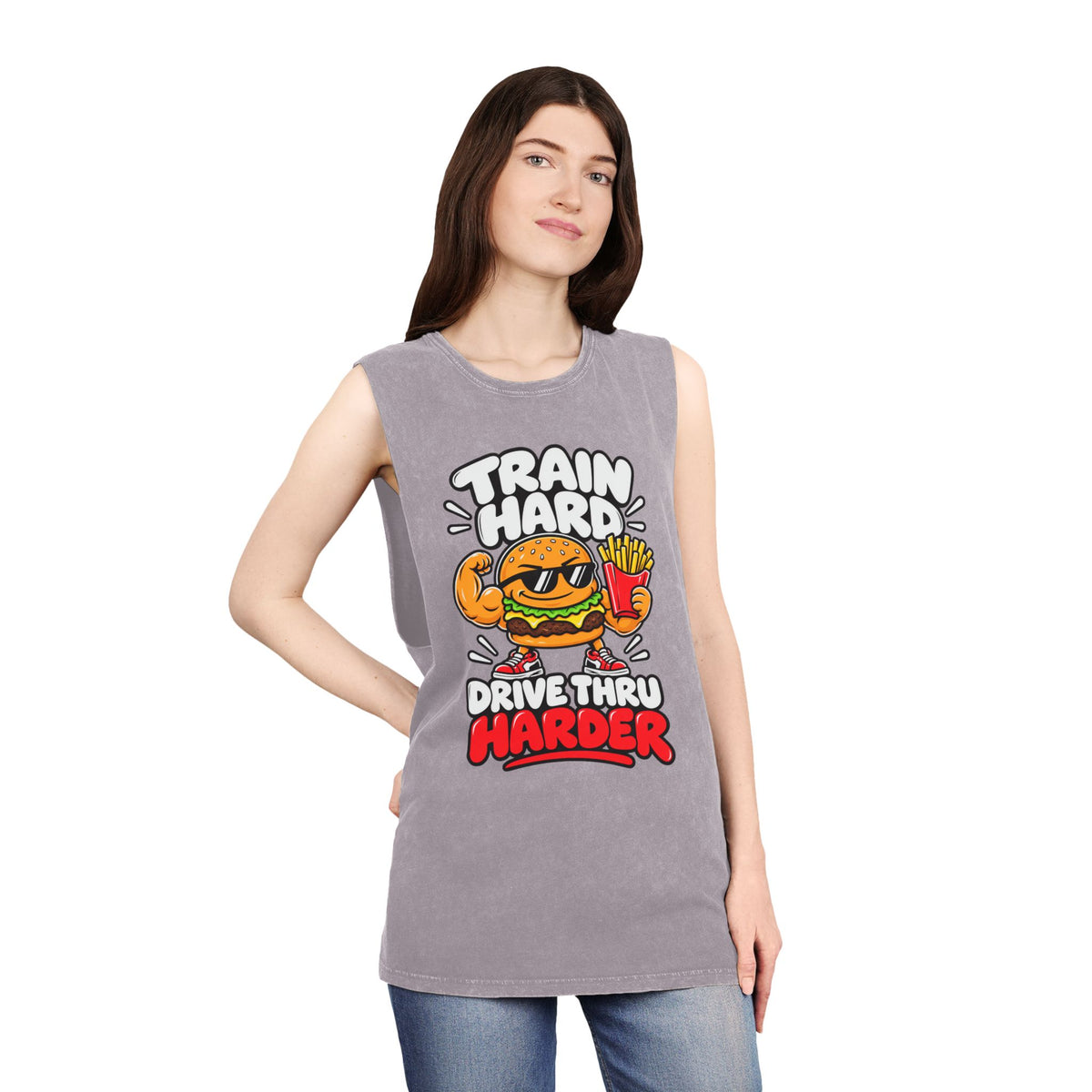 Train Hard Drive Thru Harder – Burger & Fries – Stonewash Tank