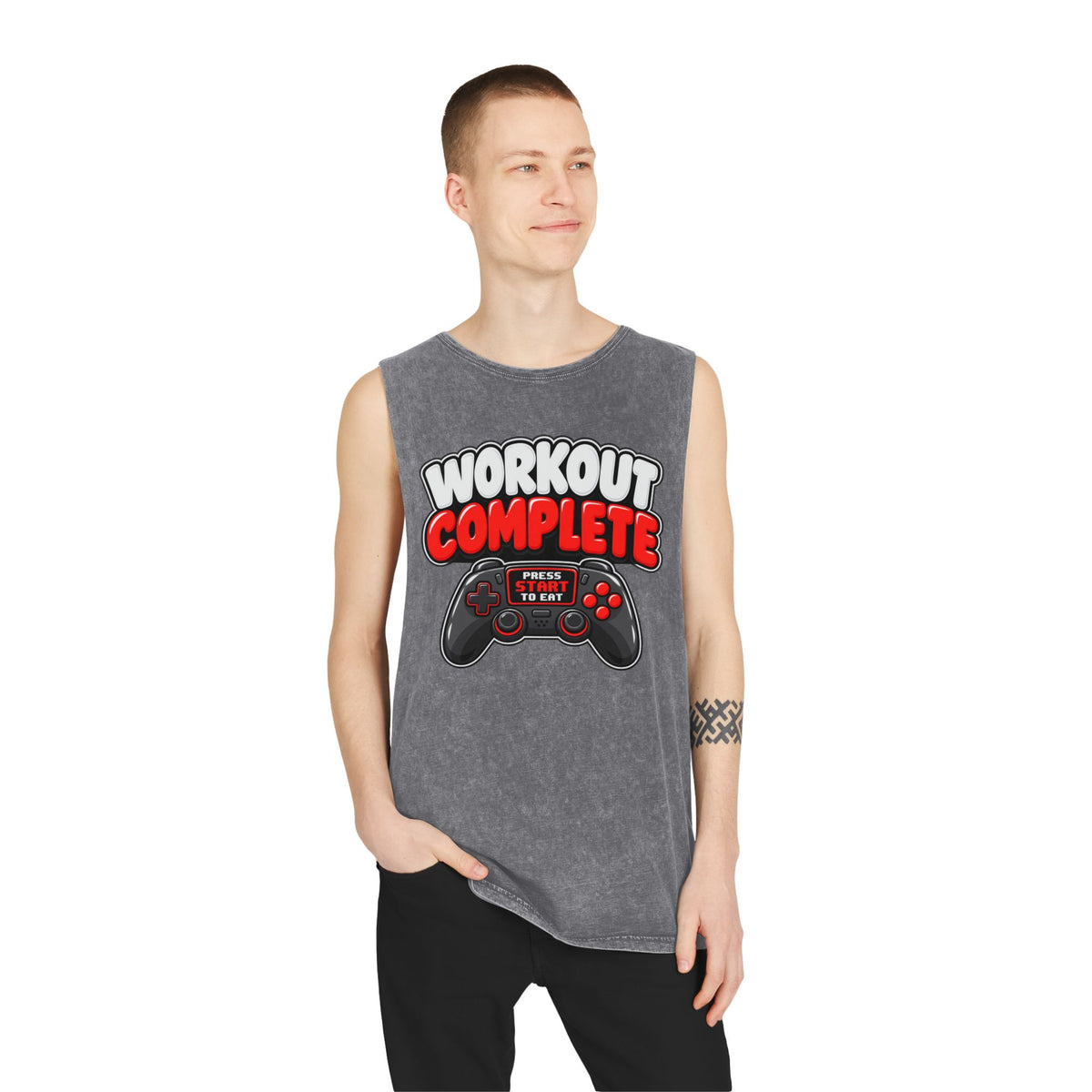 Workout Complete — Press Start to Eat – Stonewash Tank