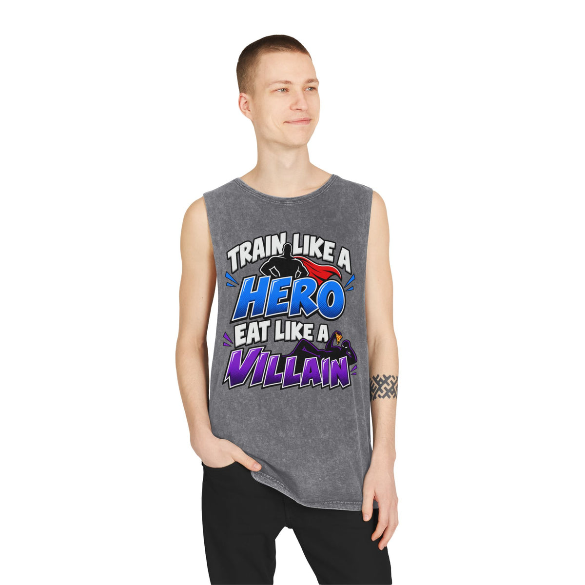 Train Like a Hero / Eat Like a Villain – Stonewash Tank