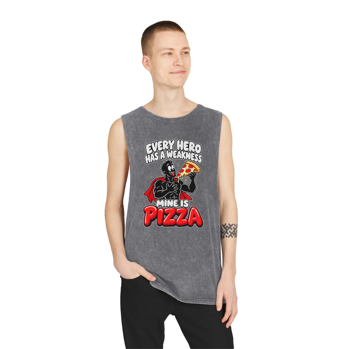 Every Hero Has a Weakness: Pizza – Stonewash Tank