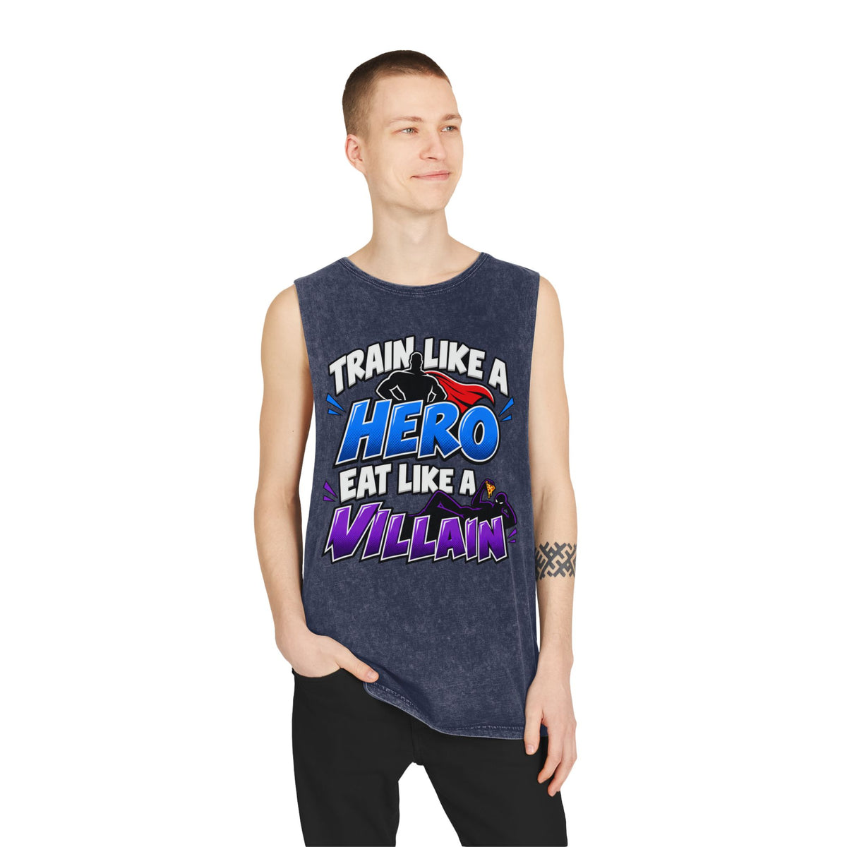 Train Like a Hero / Eat Like a Villain – Stonewash Tank