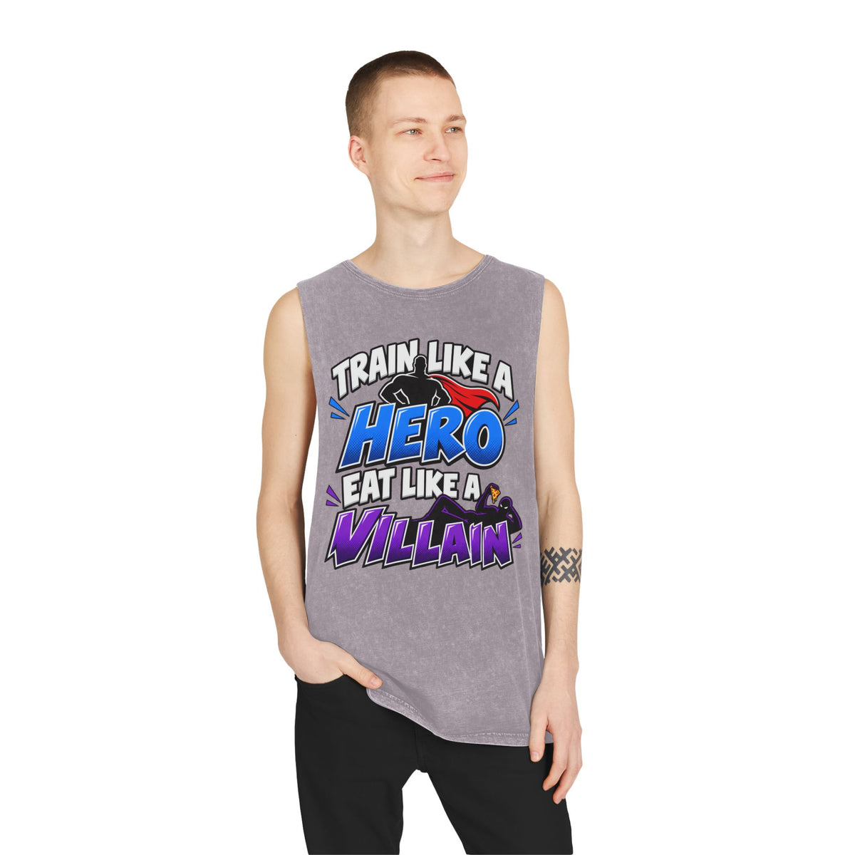 Train Like a Hero / Eat Like a Villain – Stonewash Tank