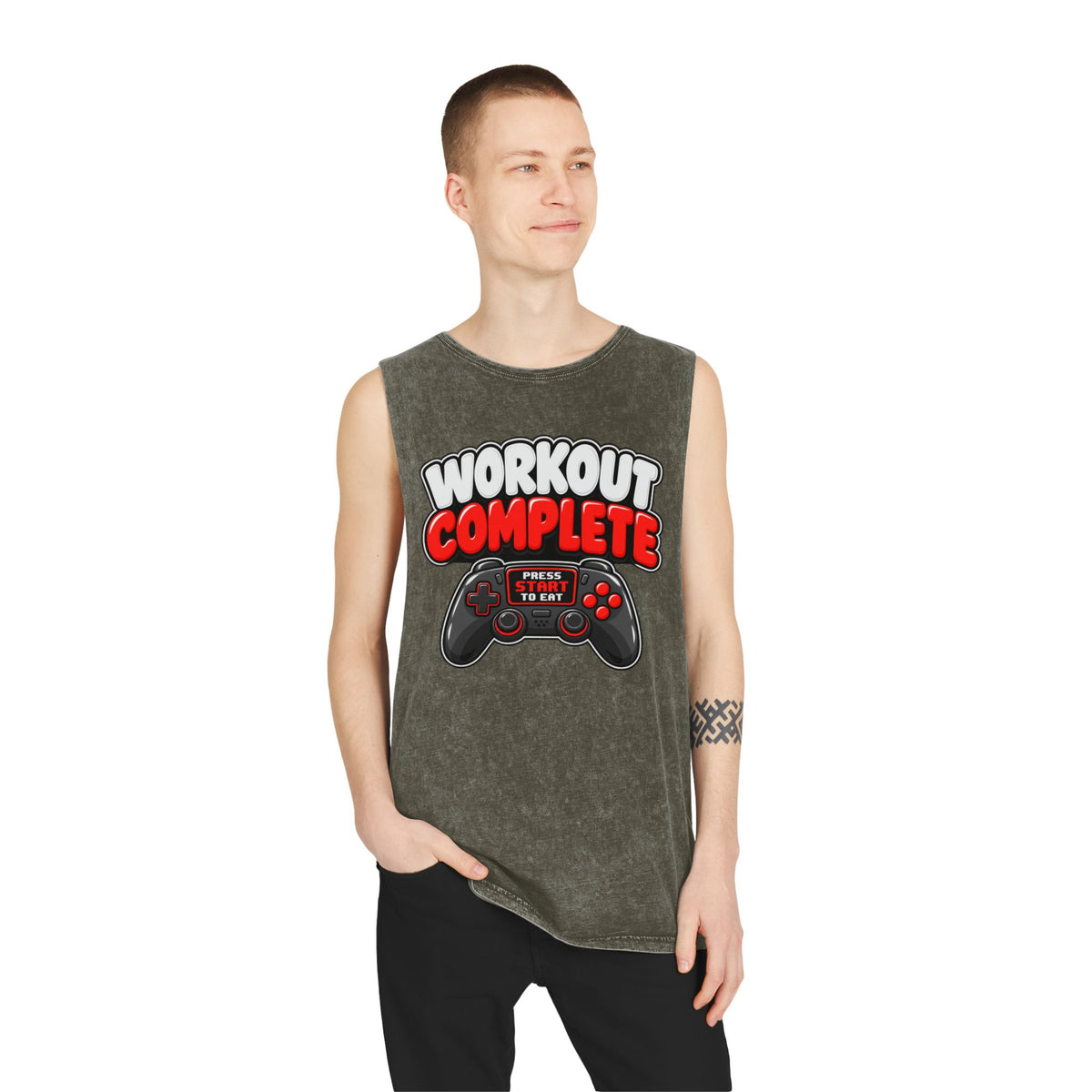 Workout Complete — Press Start to Eat – Stonewash Tank