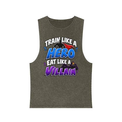 Train Like a Hero / Eat Like a Villain – Stonewash Tank