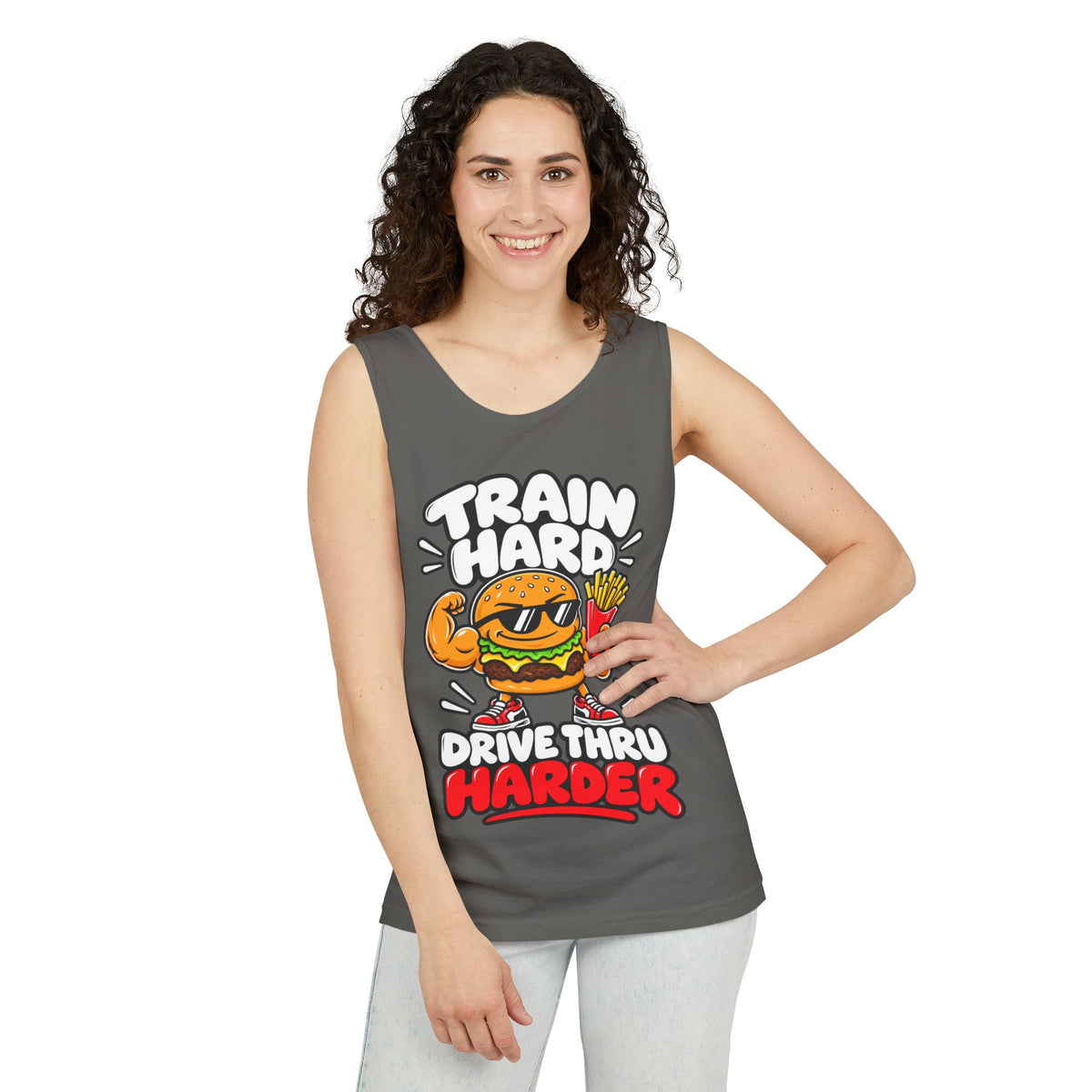 Train Hard Drive Thru Harder – Burger & Fries – Comfort Colors Garment-Dyed Tank
