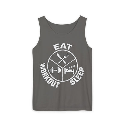 Eat Sleep Workout – Emblem – Comfort Colors Garment-Dyed Tank