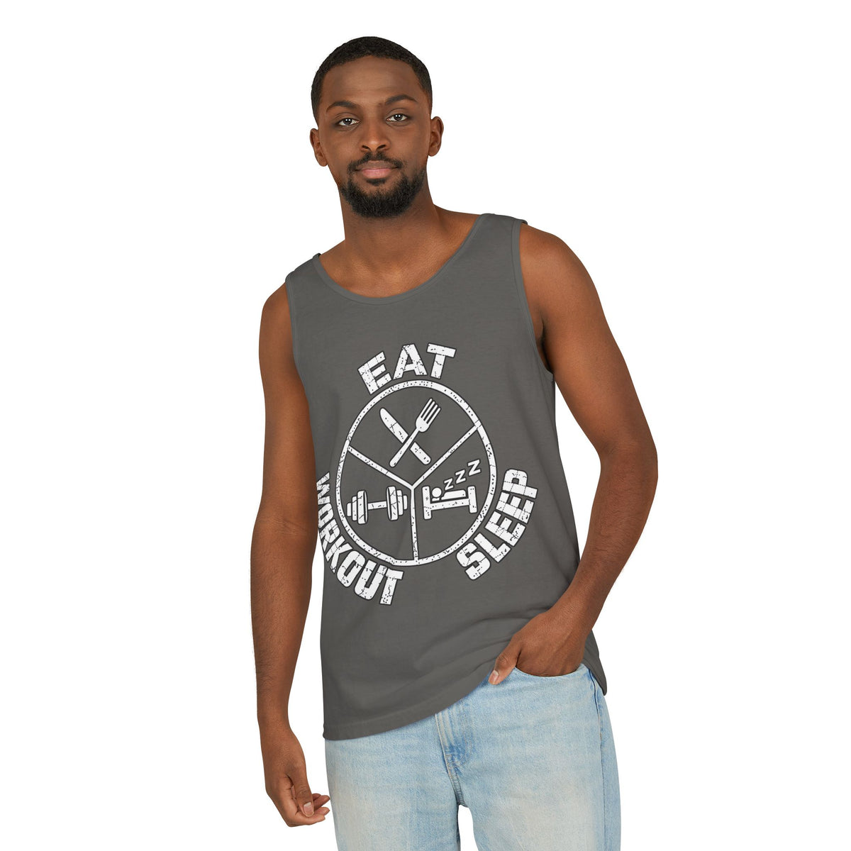 Eat Sleep Workout – Emblem – Comfort Colors Garment-Dyed Tank