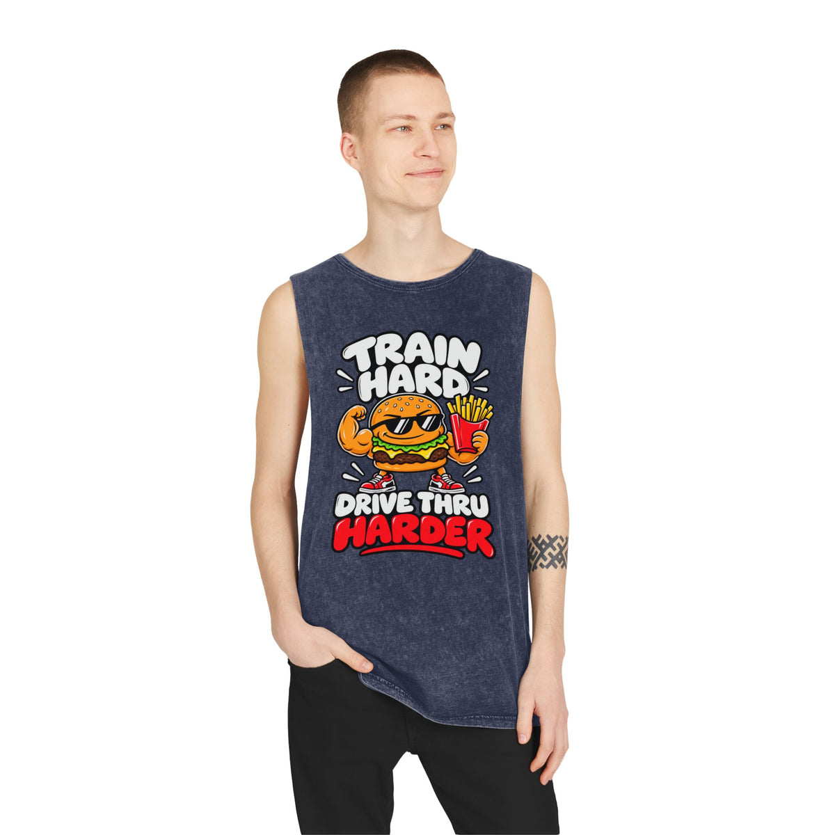 Train Hard Drive Thru Harder – Burger & Fries – Stonewash Tank