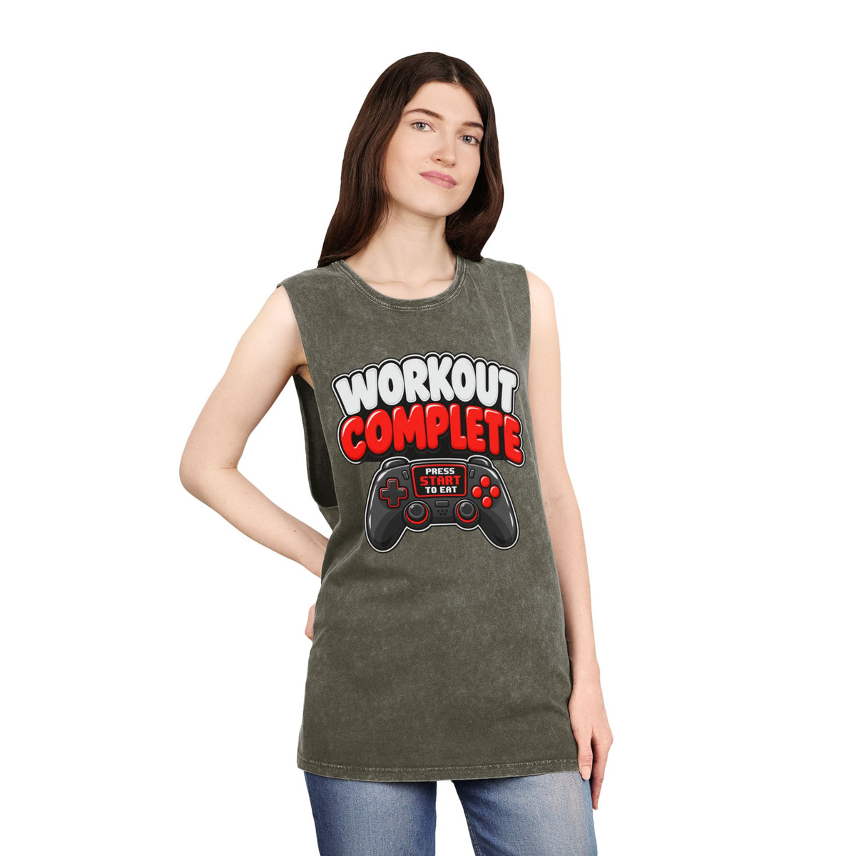 Workout Complete — Press Start to Eat – Stonewash Tank