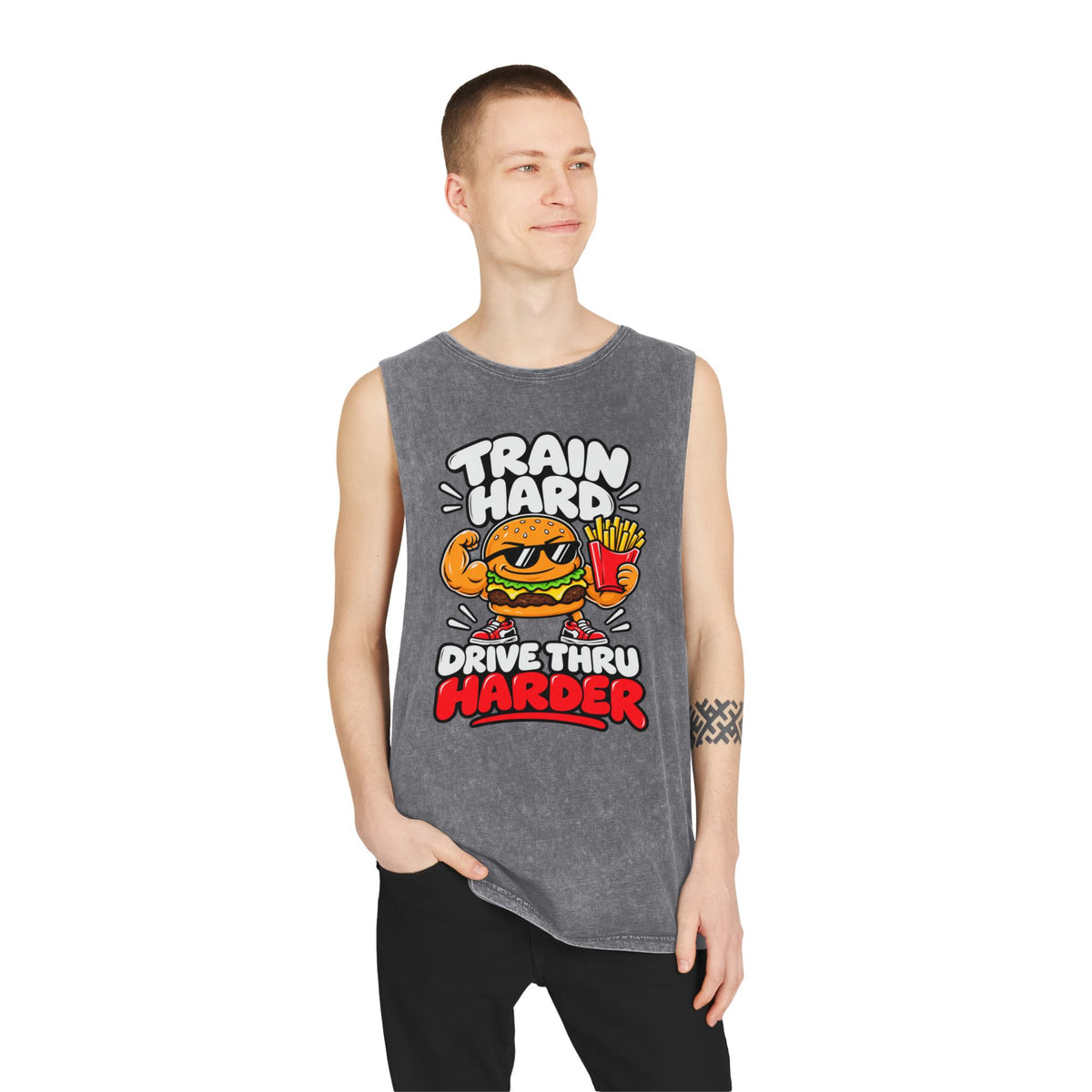 Train Hard Drive Thru Harder – Burger & Fries – Stonewash Tank