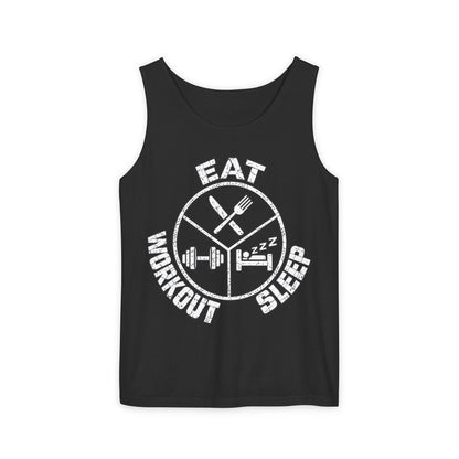 Eat Sleep Workout – Emblem – Comfort Colors Garment-Dyed Tank