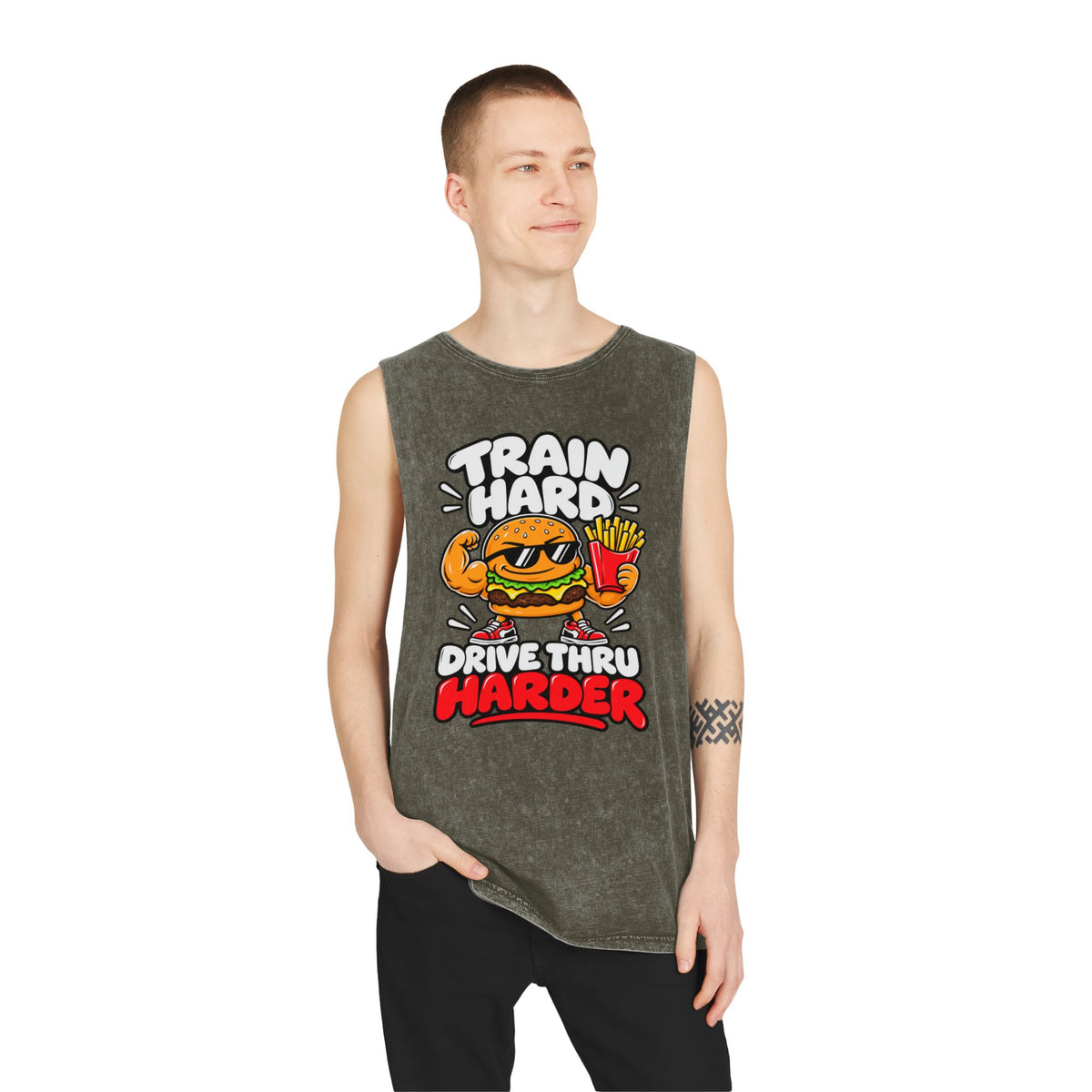 Train Hard Drive Thru Harder – Burger & Fries – Stonewash Tank