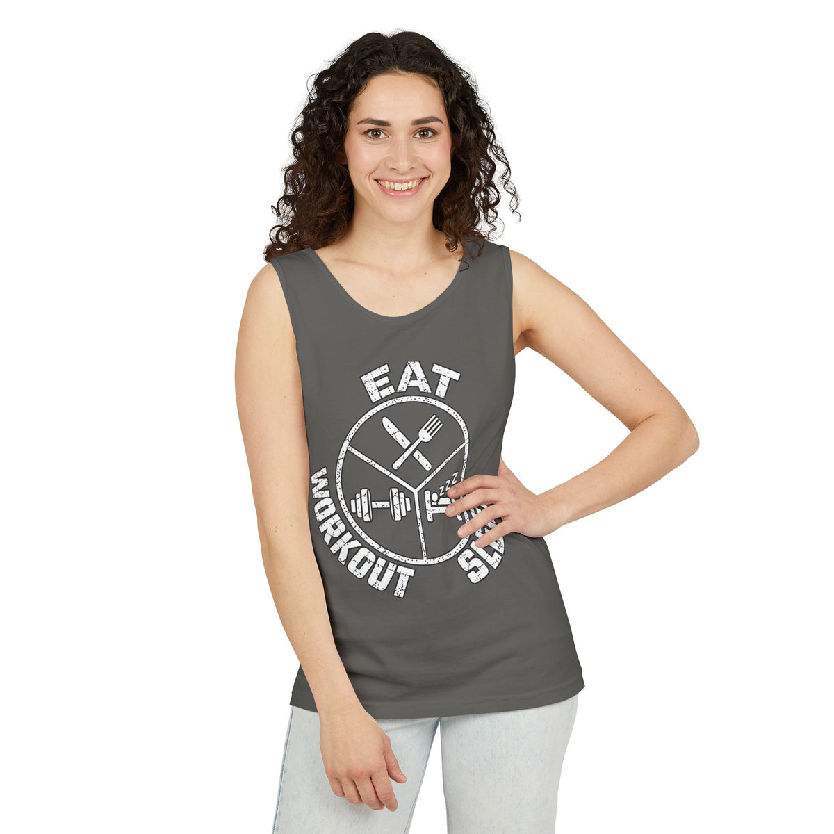 Eat Sleep Workout – Emblem – Comfort Colors Garment-Dyed Tank