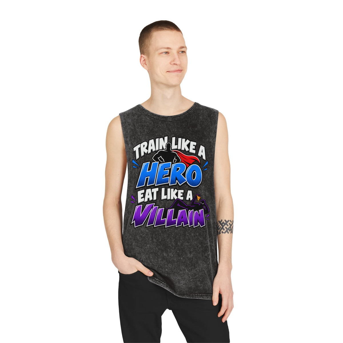 Train Like a Hero / Eat Like a Villain – Stonewash Tank