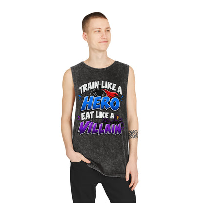 Train Like a Hero / Eat Like a Villain – Stonewash Tank