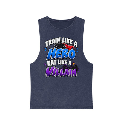 Train Like a Hero / Eat Like a Villain – Stonewash Tank