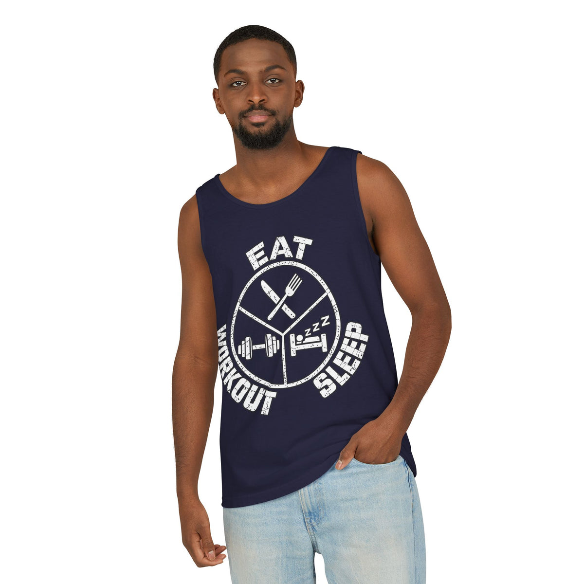 Eat Sleep Workout – Emblem – Comfort Colors Garment-Dyed Tank