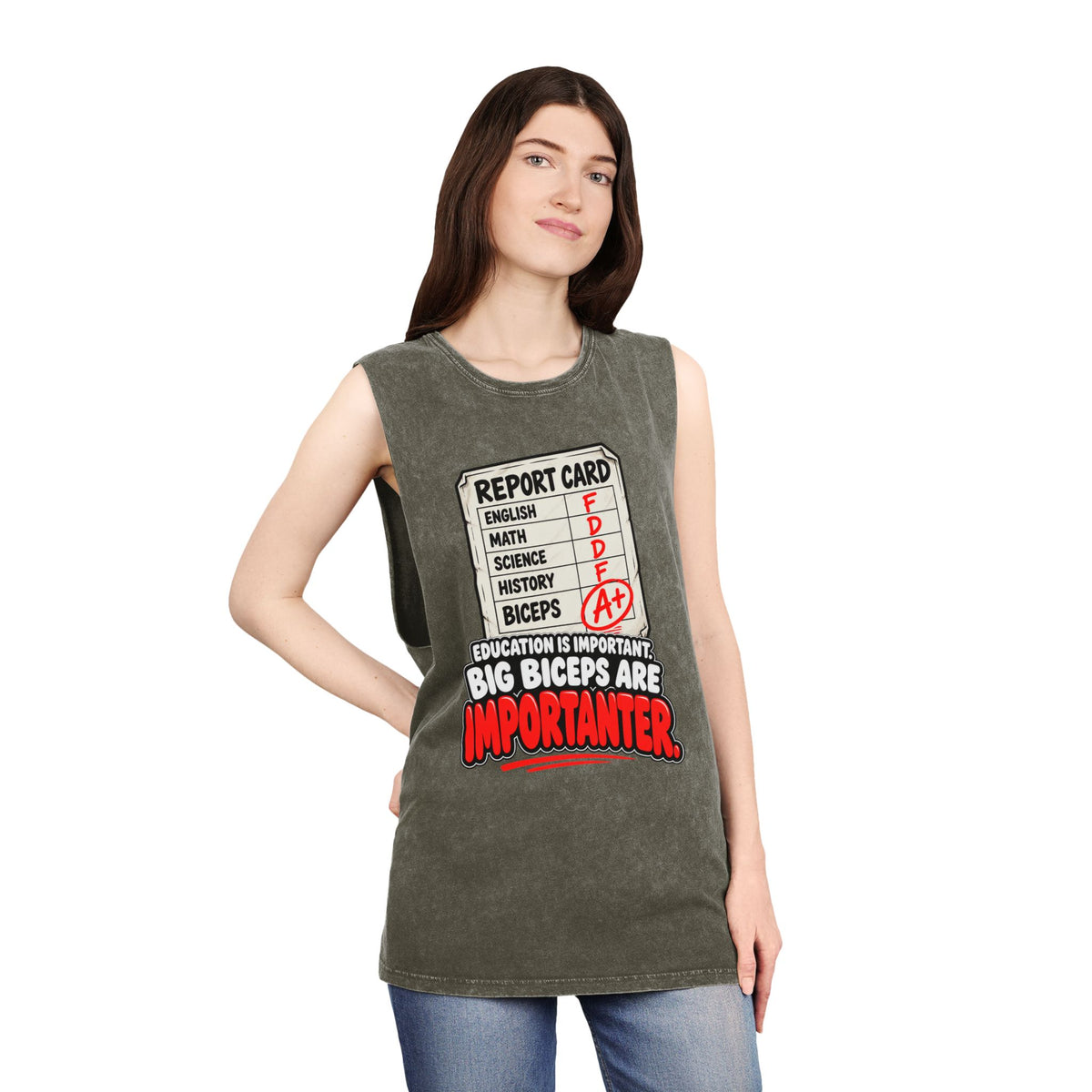 Education Is Important / Big Biceps Are Importanter – Stonewash Tank