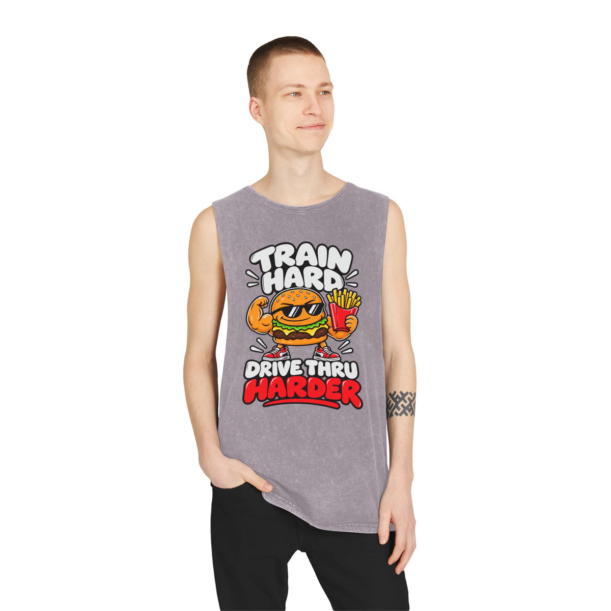 Train Hard Drive Thru Harder – Burger & Fries – Stonewash Tank