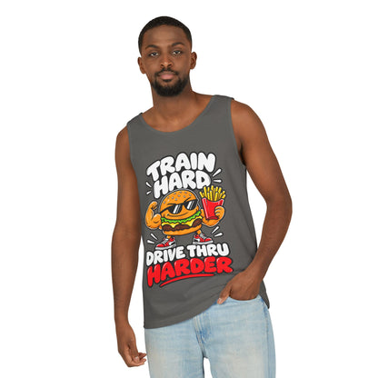 Train Hard Drive Thru Harder – Burger & Fries – Comfort Colors Garment-Dyed Tank