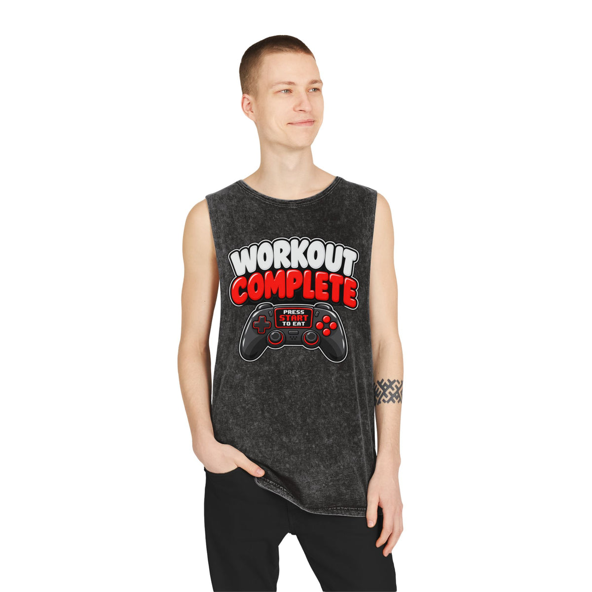 Workout Complete — Press Start to Eat – Stonewash Tank