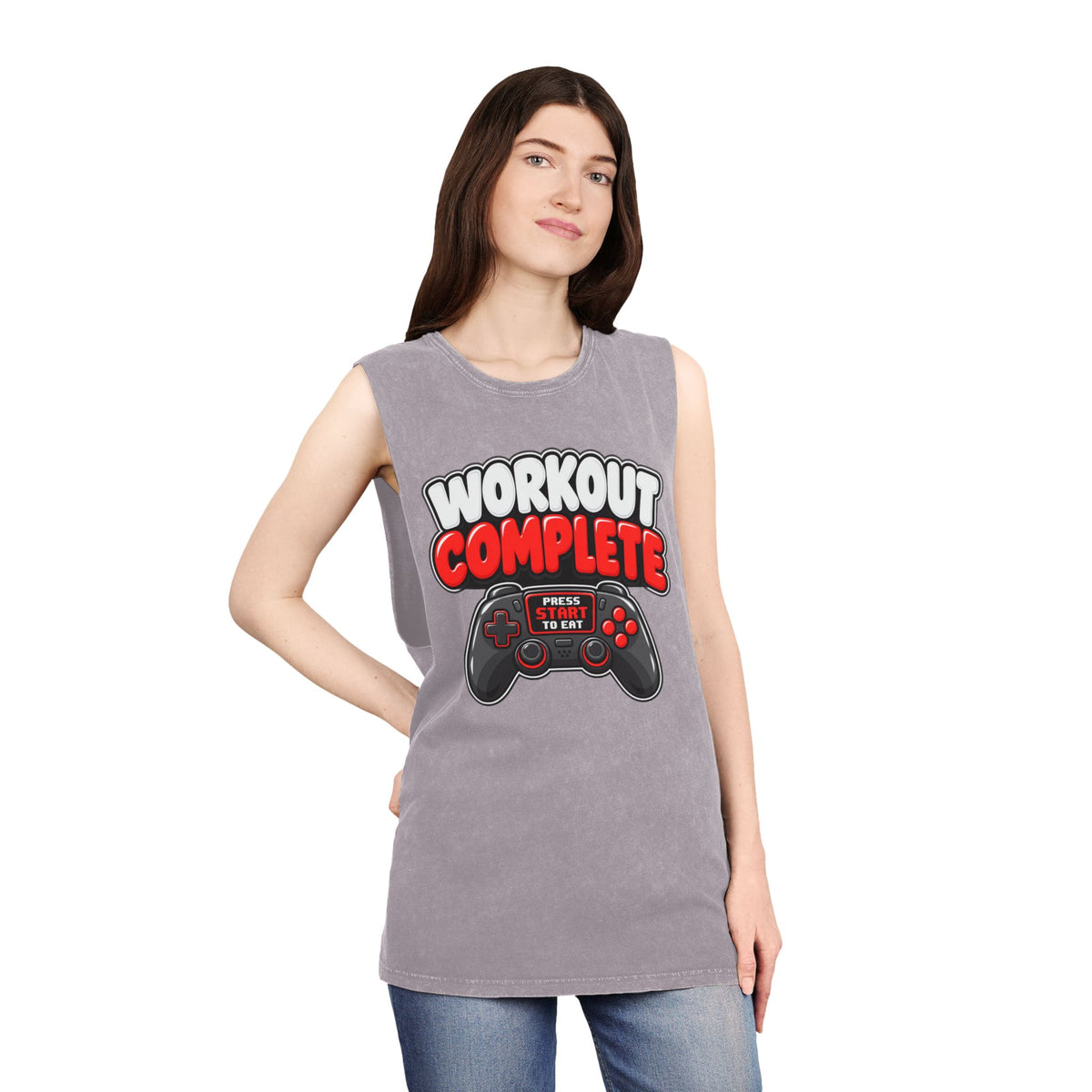 Workout Complete — Press Start to Eat – Stonewash Tank