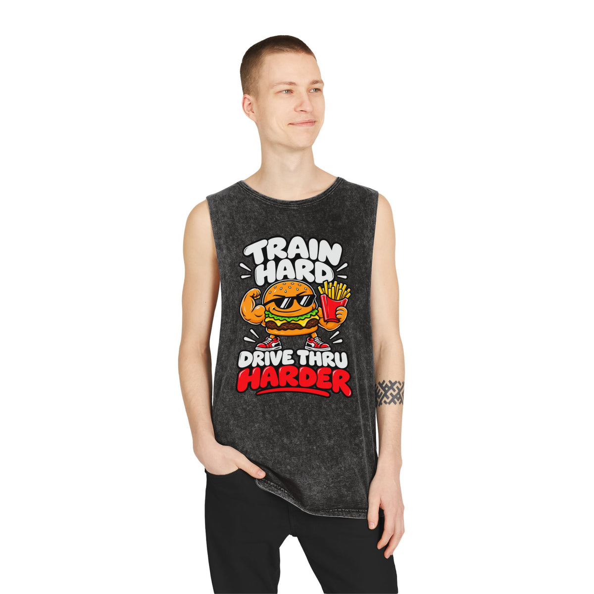 Train Hard Drive Thru Harder – Burger & Fries – Stonewash Tank