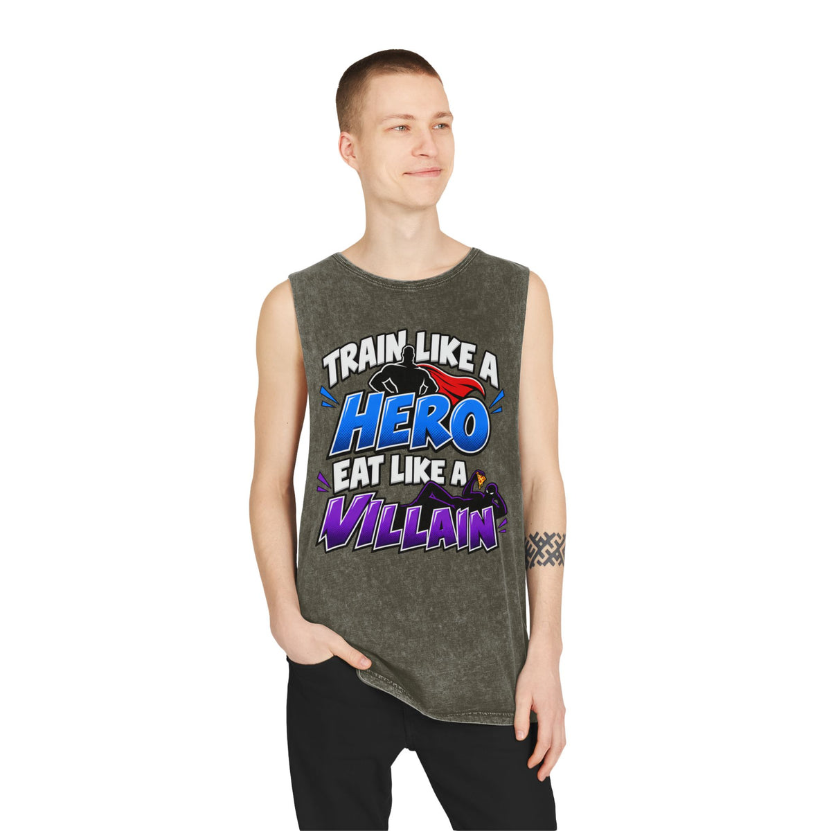 Train Like a Hero / Eat Like a Villain – Stonewash Tank