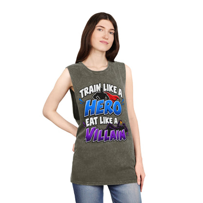 Train Like a Hero / Eat Like a Villain – Stonewash Tank