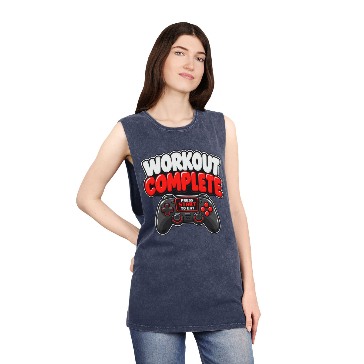 Workout Complete — Press Start to Eat – Stonewash Tank