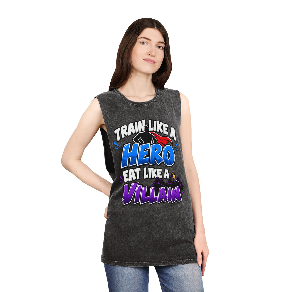 Train Like a Hero / Eat Like a Villain – Stonewash Tank