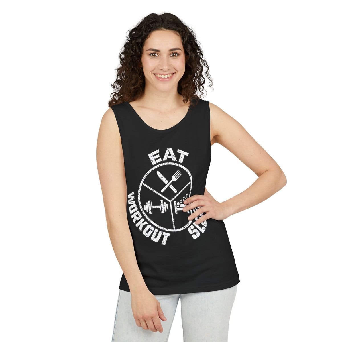 Eat Sleep Workout – Emblem – Comfort Colors Garment-Dyed Tank