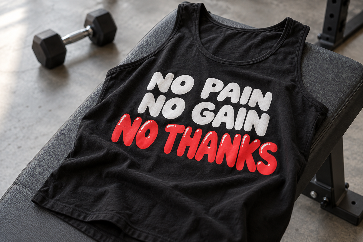 Black No Pain No Gain No Thanks tank on a workout bench